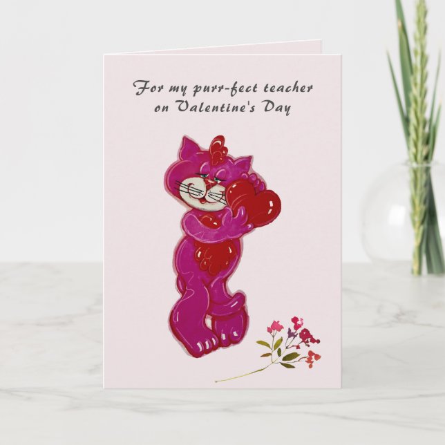 Purr-Fect Teacher Handpainted Cat Valentine's Day Card (Front)