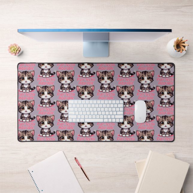 Purr-fectly Adorable Chibi Kawaii Kitten in Pink Desk Mat (Office 1)