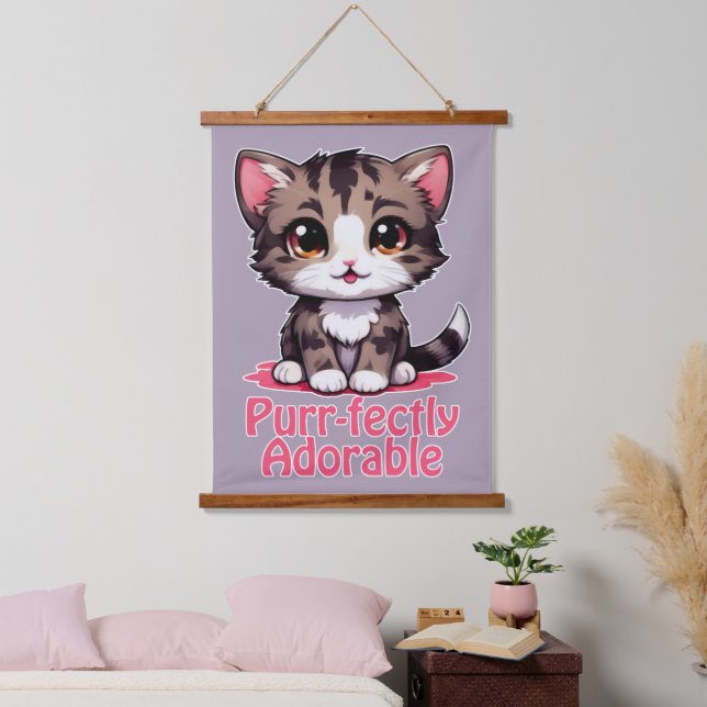 Purr-fectly Adorable Chibi Kawaii Kitten in Pink Hanging Tapestry (Bedroom)