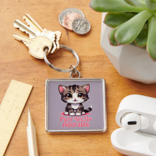 Purr-fectly Adorable Chibi Kawaii Kitten in Pink Key Ring