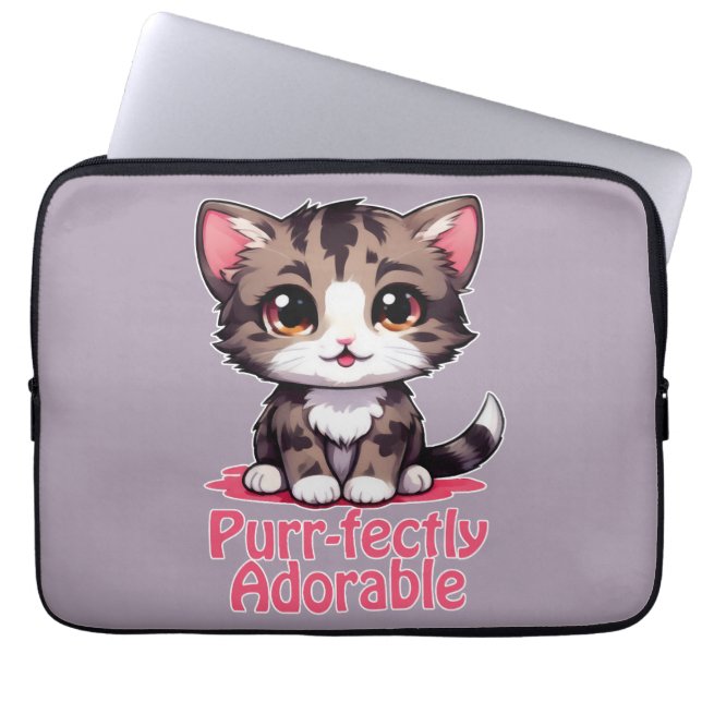 Purr-fectly Adorable Chibi Kawaii Kitten in Pink Laptop Sleeve (Front)