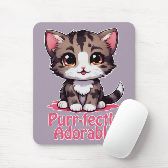 Purr-fectly Adorable Chibi Kawaii Kitten in Pink Mouse Mat (With Mouse)