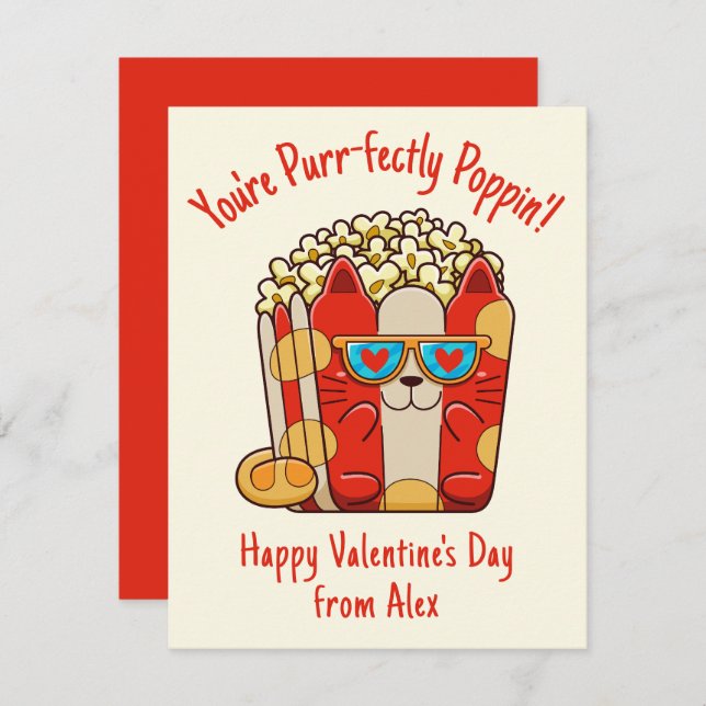 Purr-fectly Poppin' Funny Cat Popcorn Valentine Card (Front/Back)
