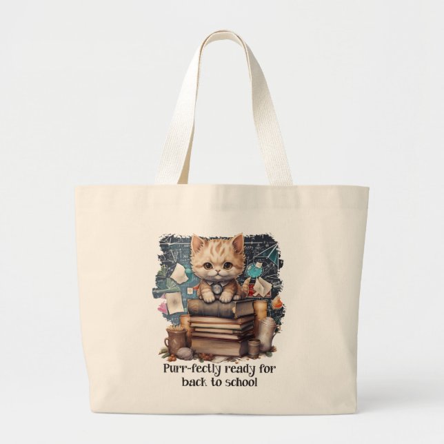 Purr-fectly Ready For Back To School Large Tote Bag (Front)
