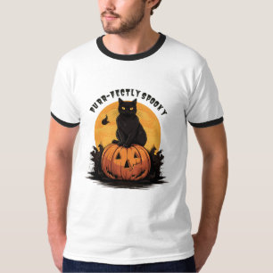 Purr-fectly Spooky Black Cat on Pumpkin Halloween  T-Shirt
