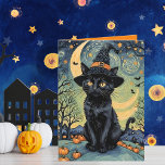 Purr-fectly Spooky Night van Gogh Style Halloween  Holiday Card<br><div class="desc">This enchanting Halloween greeting card features a whimsical design inspired by Vincent van Gogh’s iconic style. The front showcases a black cat donning a whimsical pointed witch hat, surrounded by several pumpkins. The background is a mesmerising swirl of stars and a crescent moon, reminiscent of Van Gogh’s “Starry Night, ”...</div>