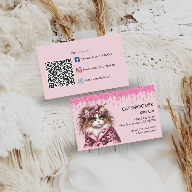 Purr-fessional Cat Groomer Sitter Pink Glitter Business Card (Creator Uploaded)