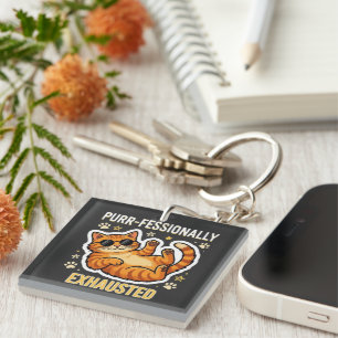 Purr-fessionally Exhausted Funny Lazy Cat T-Shirt Key Ring