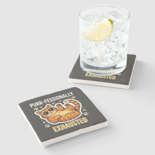Purr-fessionally Exhausted Funny Lazy Cat T-Shirt Stone Coaster