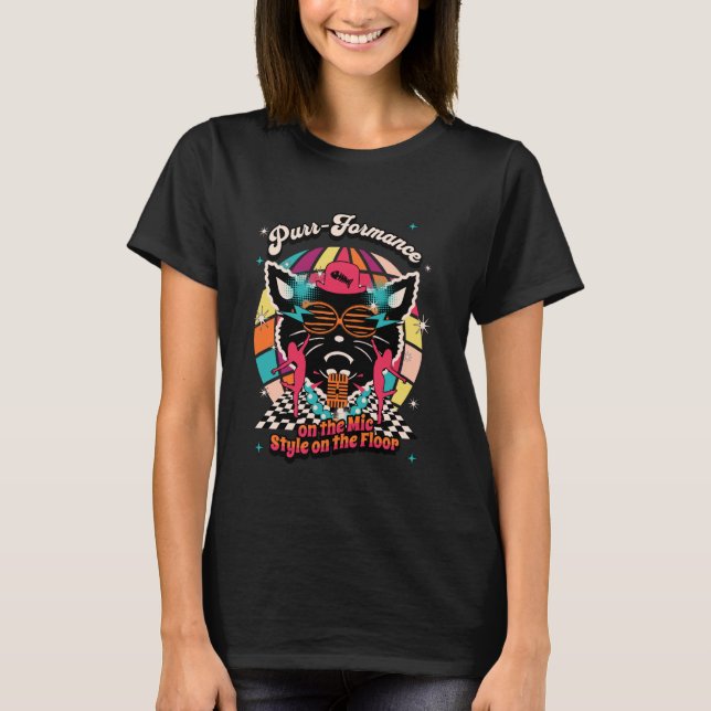 Purr-formance Disco Mic Style Retro Cat funky sing T-Shirt (Front)