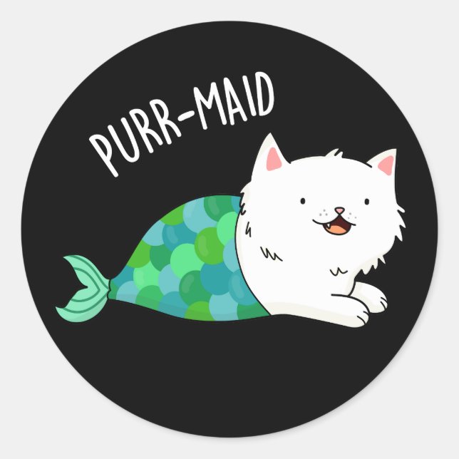 Purr-maid Funny Kitty Cat Mermaid Pun Dark BG Classic Round Sticker (Front)