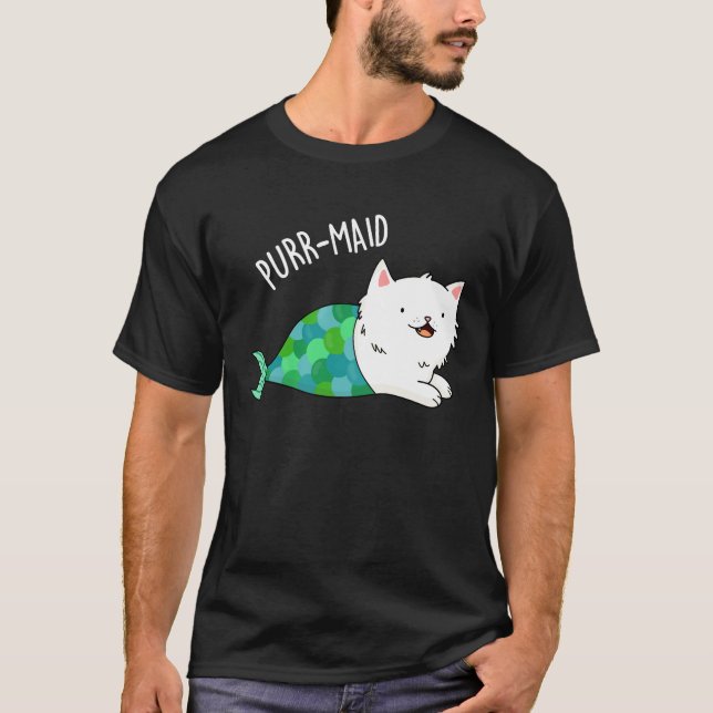 Purr-maid Funny Kitty Cat Mermaid Pun Dark BG T-Shirt (Front)
