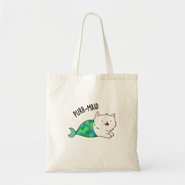 Purr-maid Funny Kitty Cat Mermaid Pun Tote Bag (Front)