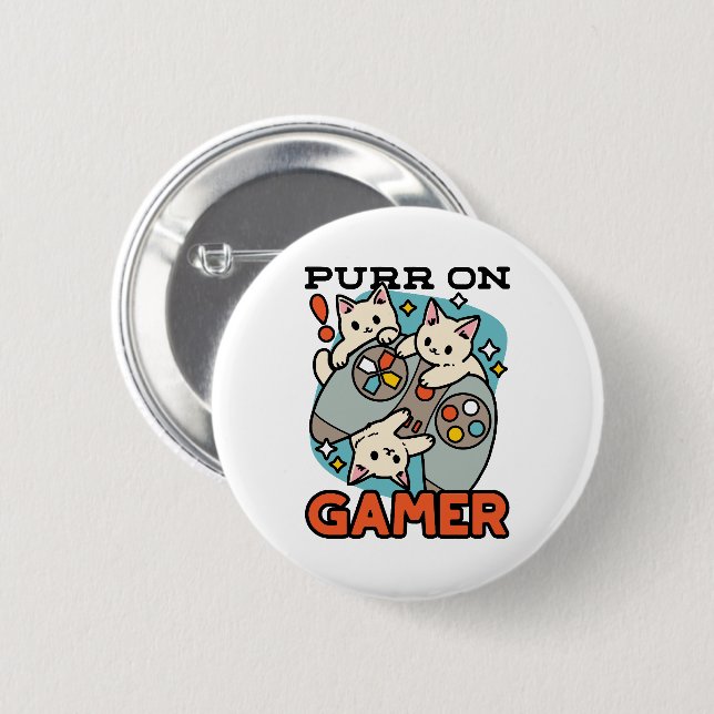 Purr On Gamer - Cute Cat Gaming Design 6 Cm Round Badge (Front & Back)