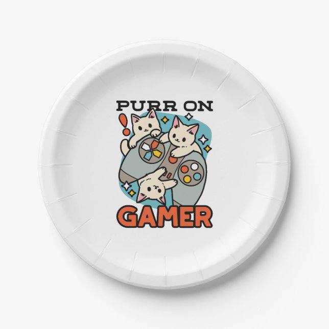 Purr On Gamer - Cute Cat Gaming Design Paper Plate (Front)