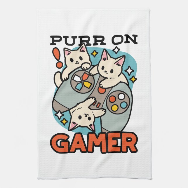 Purr On Gamer - Cute Cat Gaming Design Tea Towel (Vertical)