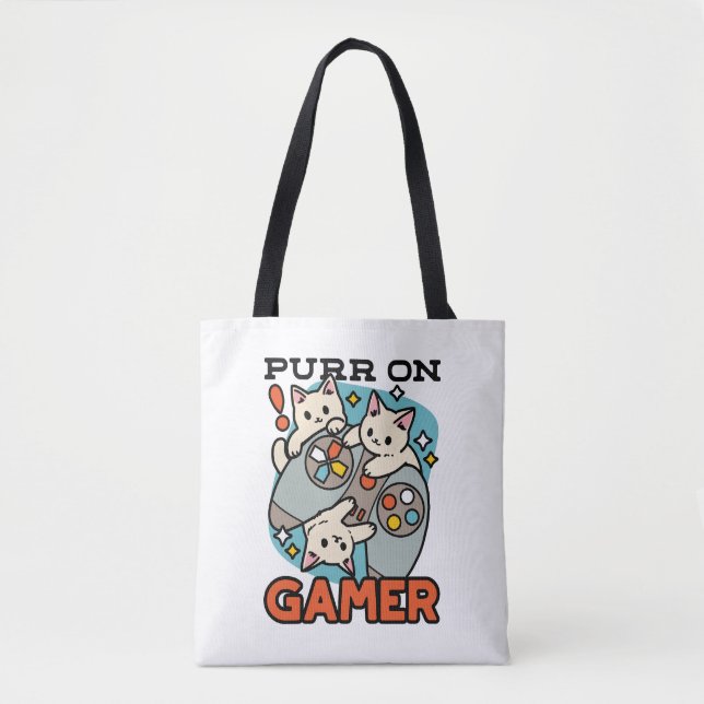 Purr On Gamer - Cute Cat Gaming Design Tote Bag (Front)