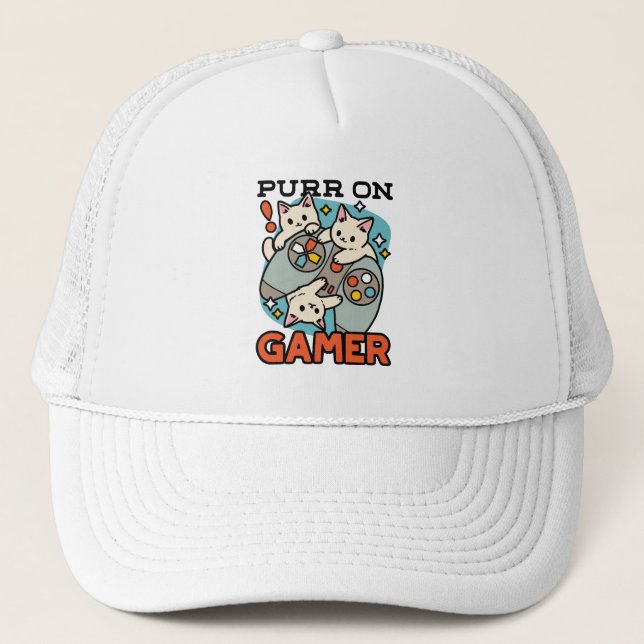 Purr On Gamer - Cute Cat Gaming Design Trucker Hat (Front)