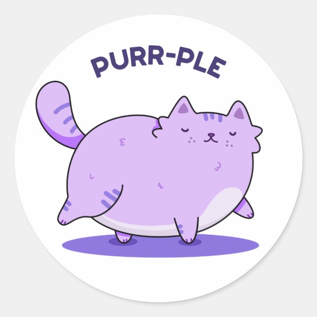Purr-ple Funny Fat Kitty Cat Pun  Classic Round Sticker (Front)