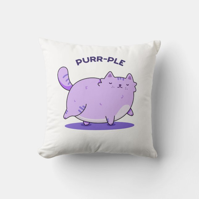 Purr-ple Funny Fat Kitty Cat Pun  Cushion (Front)