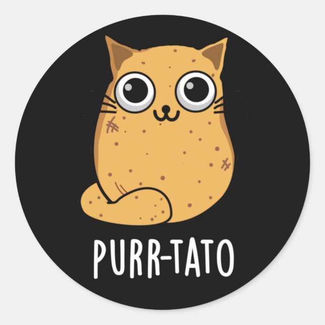 Purr-tato Funny Cat Potato Pun Dark BG Classic Round Sticker (Front)