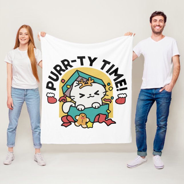 Purr-ty Time! - Festive Cat Christmas Design Fleece Blanket (In Situ)