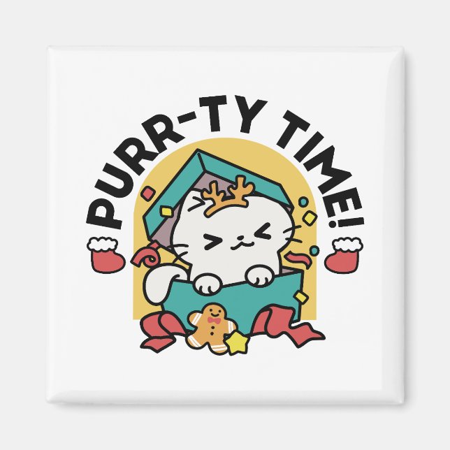 Purr-ty Time! - Festive Cat Christmas Design Magnet (Front)