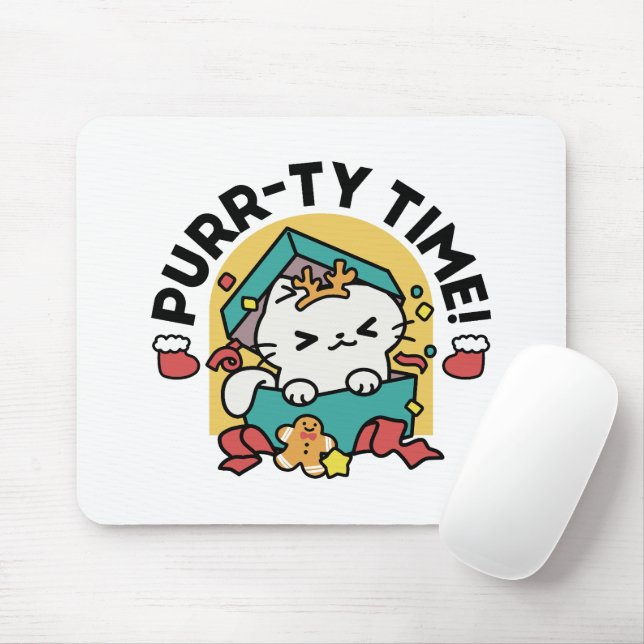 Purr-ty Time! - Festive Cat Christmas Design Mouse Mat (With Mouse)