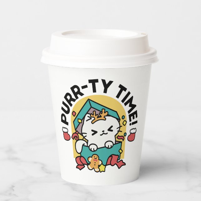 Purr-ty Time! - Festive Cat Christmas Design Paper Cups (Front)
