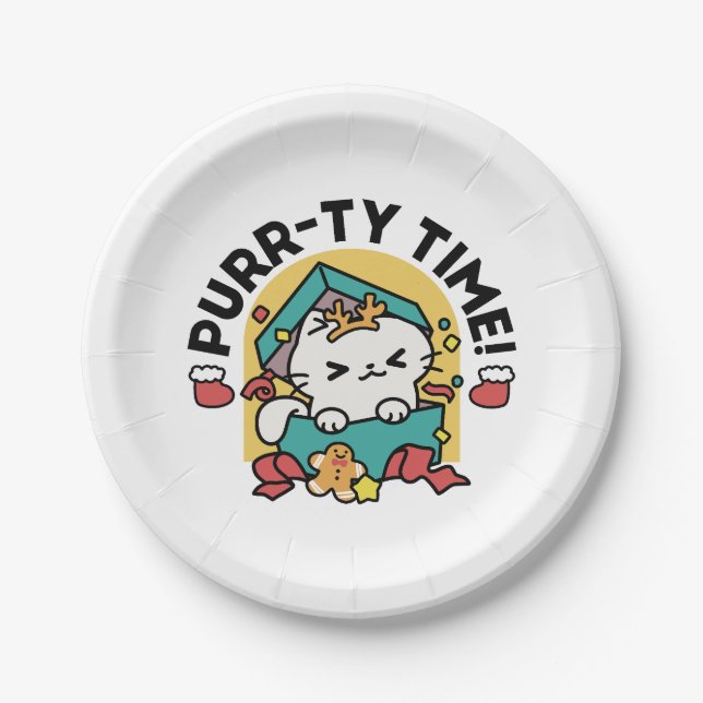 Purr-ty Time! - Festive Cat Christmas Design Paper Plate (Front)