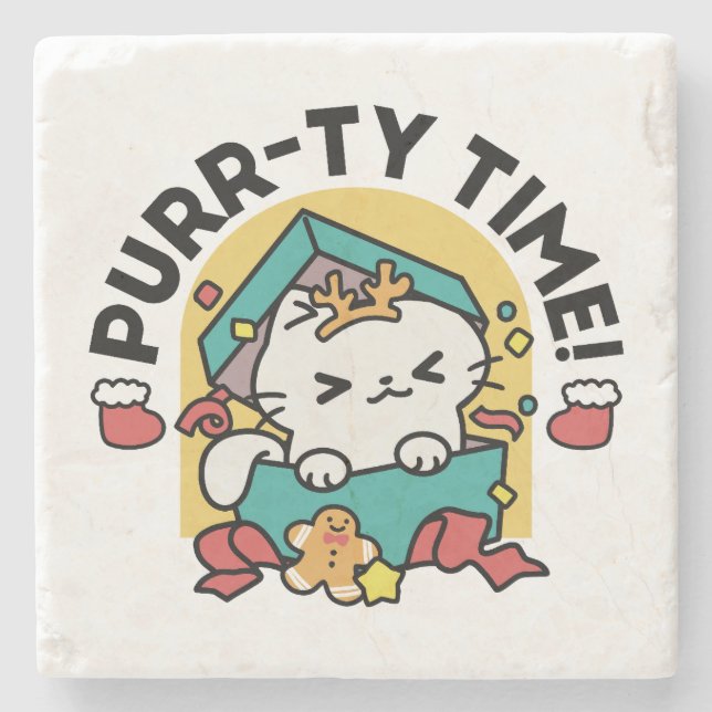 Purr-ty Time! - Festive Cat Christmas Design Stone Coaster (Front)