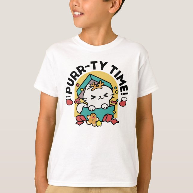 Purr-ty Time! - Festive Cat Christmas Design T-Shirt (Front)