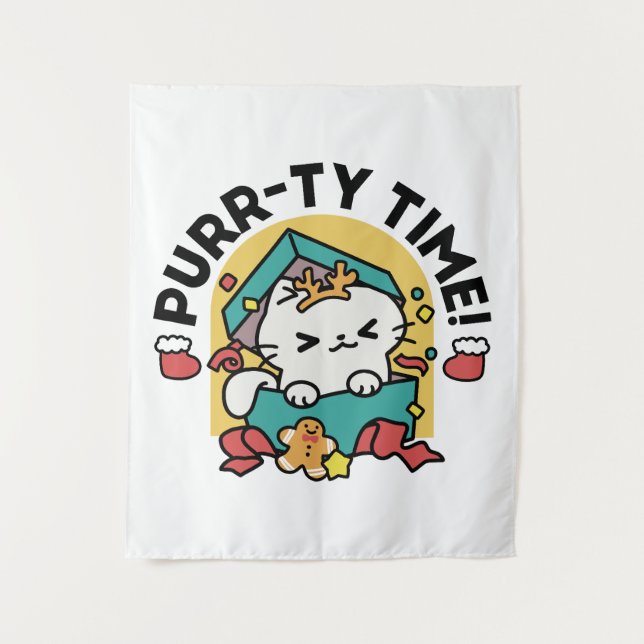 Purr-ty Time! - Festive Cat Christmas Design Tapestry (Front)