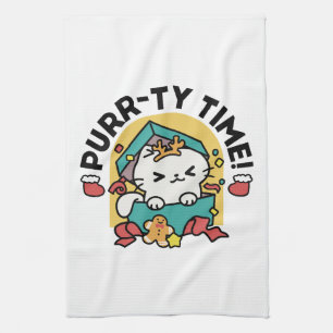 Purr-ty Time! - Festive Cat Christmas Design Tea Towel