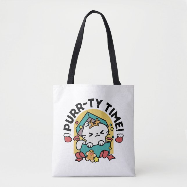 Purr-ty Time! - Festive Cat Christmas Design Tote Bag (Front)