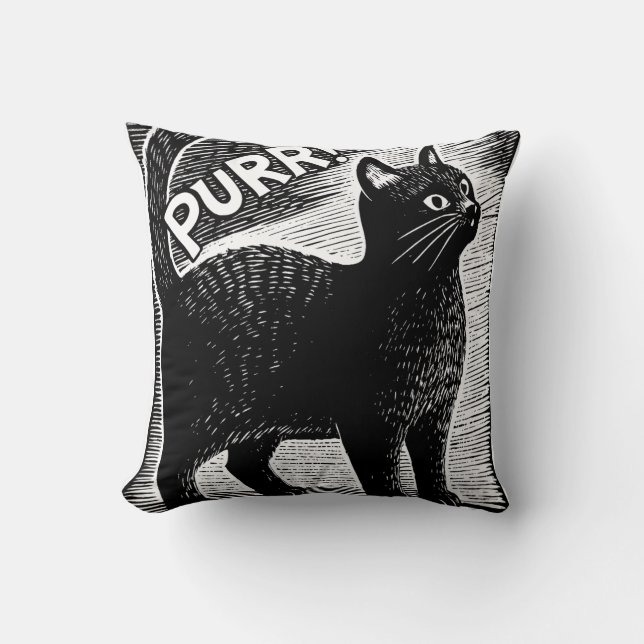 PURR! Vintage Black Cat Woodcut Style Cushion (Front)