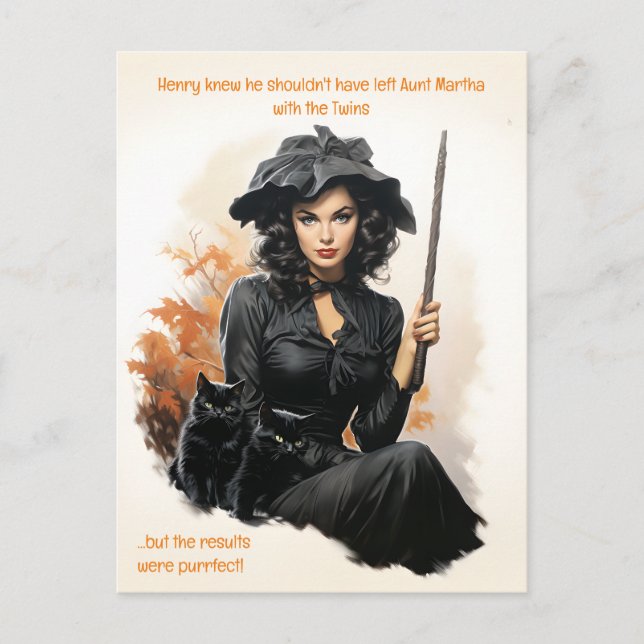 Purrfect Babysitter Budget Halloween Postcard (Front)
