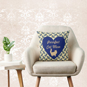 Purrfect Cat Mum Blue and Gold Heart Floral Yellow Cushion