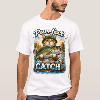 Purrfect Catch Funny Fishing Cat Design T-Shirt