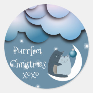 Purrfect Christmas Cats on Moon Classic Round Sticker