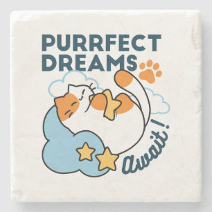 Purrfect Dreams Await – Cute Sleeping Cat Dreamy Stone Coaster