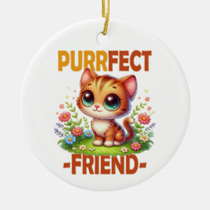 Purrfect Friend pun Cute orange cat kitten cartoon Ceramic Tree Decoration