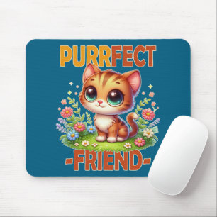 Purrfect Friend pun Cute orange cat kitten cartoon Mouse Mat