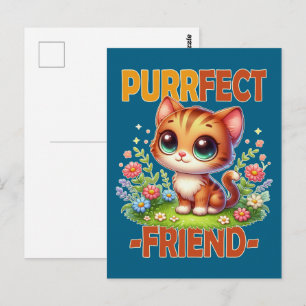 Purrfect Friend pun Cute orange cat kitten cartoon Postcard
