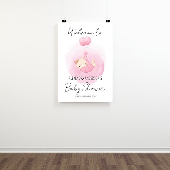 Purrfect kitty pink watercolor Baby Shower Welcome Poster (Welcome sing for cat theme baby girl shower as a party decoration.)