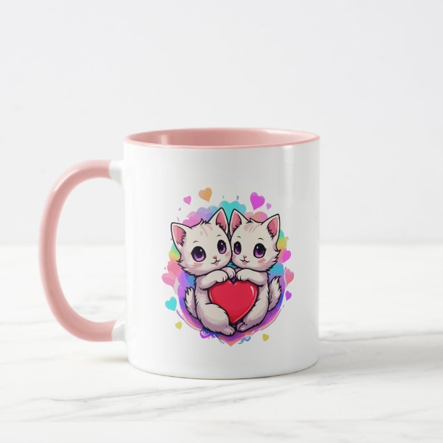 Purrfect Love: Kawaii Couple Cats with Heart Mug (Left)