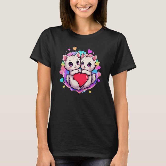 Purrfect Love: Kawaii Couple Cats with Heart T-Shirt (Front)