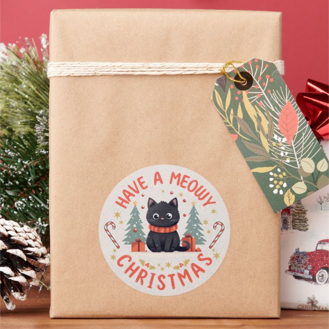 Purrfect Meowy Christmas Black Cat Classic Round Sticker (Holiday)