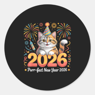 Purrfect New Year 2026 Cute Cat Fireworks Celebrat Classic Round Sticker
