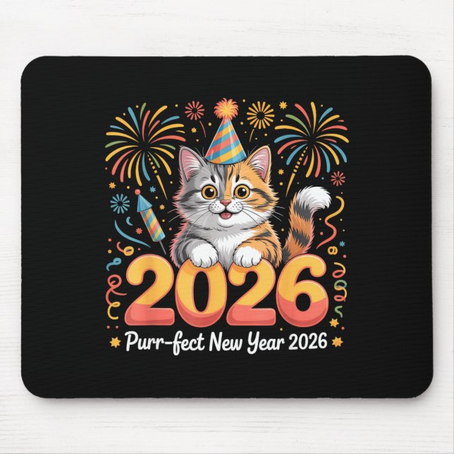 Purrfect New Year 2026 Cute Cat Fireworks Celebrat Mouse Mat (Front)